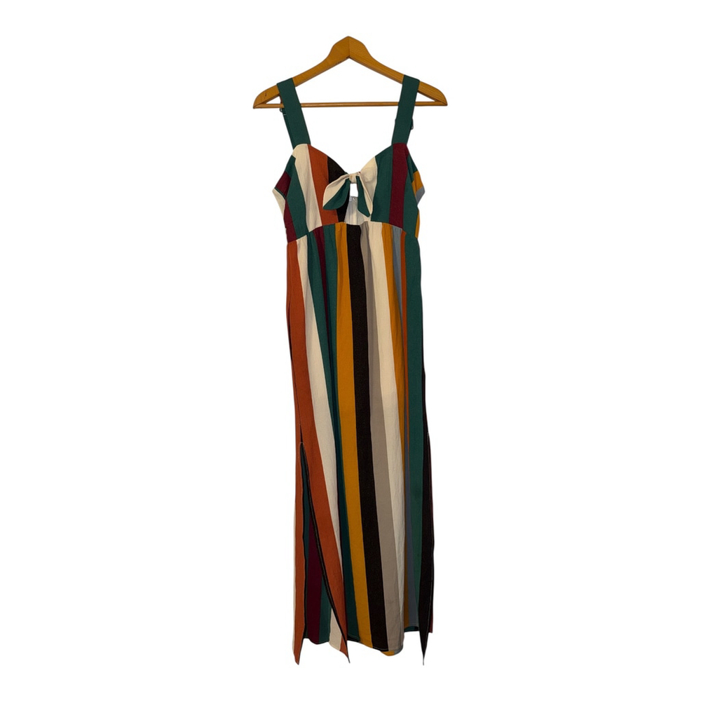 Women's Striped Maxi Dress, Size M, Multi-Color Vertical Stripes, V-Neck, Sleeve